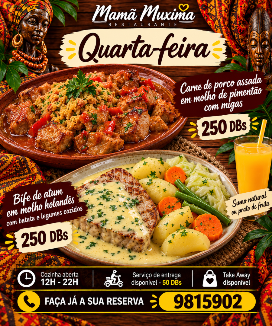 Carne de porco assada com migas e barracuda grelhada regada com molho holandês com batata e legumes